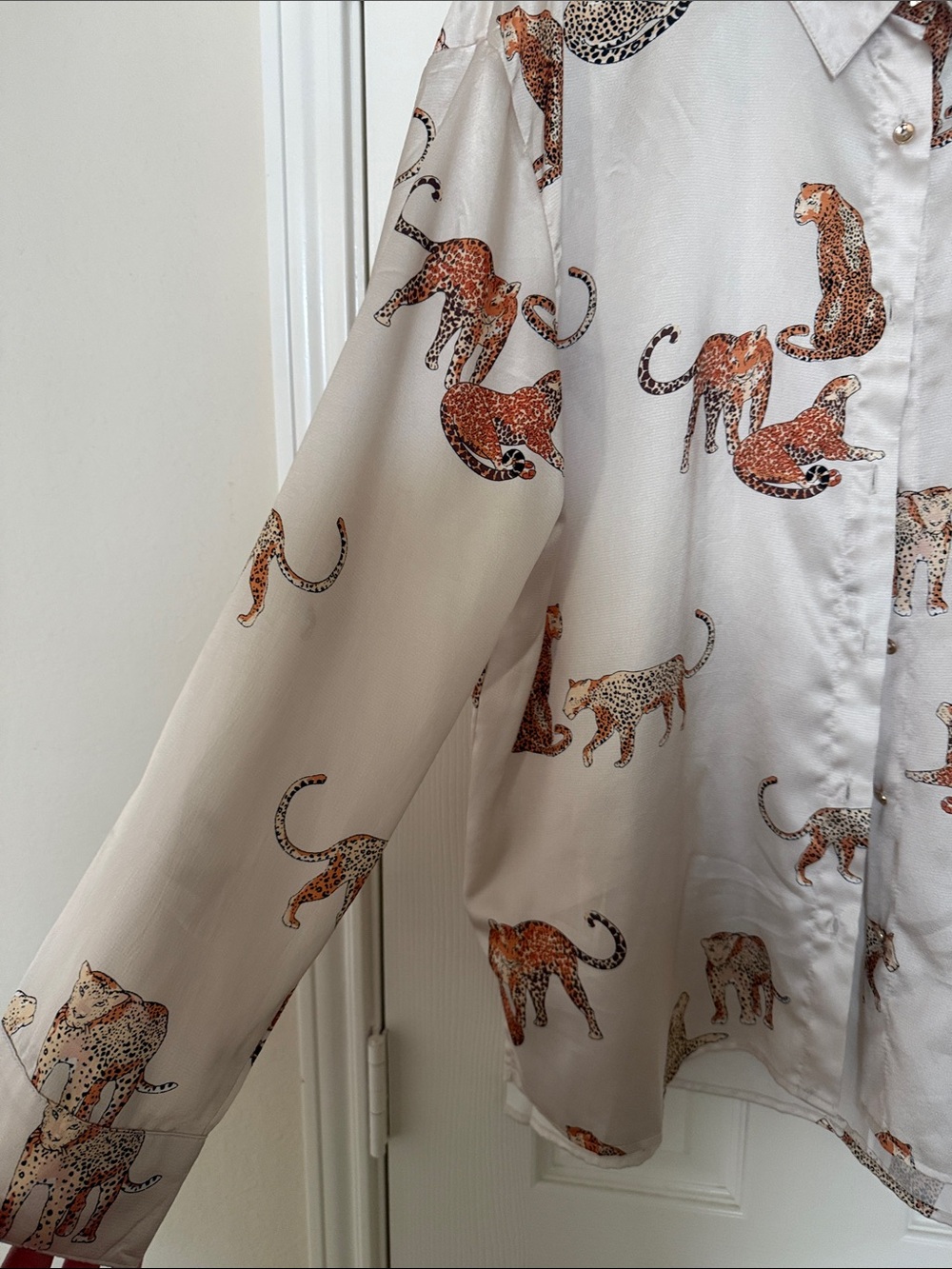 Satin Leopard Print Button-Up Shirt - Cream/Tan - Picture 2 of 4